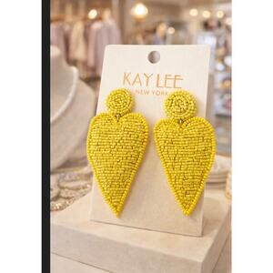 Kay Lee Yellow Long Heart Beaded Earrings New